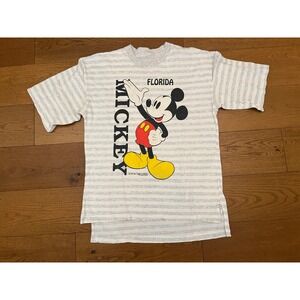 Vintage Mickey Mouse Florida Velva Sheen Striped T-Shirt Grey White Disney